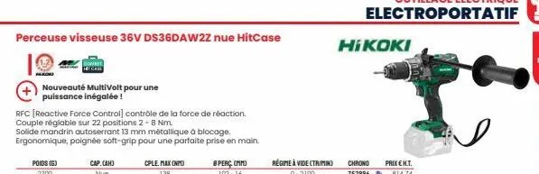 perceuse visseuse 36v ds36daw2z nue hitcase  nouveauté multivolt pour une puissance inégalée!  rfc [reactive force control] contrôle de la force de réaction. couple réglable sur 22 positions 2-8 nm.  