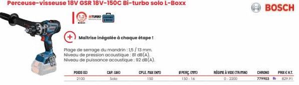 POIDS (6) 2100  TURBO  Maîtrise inégalée à chaque étape!  Plage de serrage du mandrin: 1,5/13 mm. Niveau de pression acoustique: 81 dB(A). Niveau de puissance acoustique: 92 dB(A).  1-400x  CAP. (AH) 