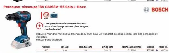 perceuse-visseuse 18v gsr18v-55 solo l-boxx  i  poids (6) 1000  une perceuse-visseuse à moteur  (+) sans charbon pour une plus longue  durée de vie !  cap. (ah) solo  robuste mandrin métallique roehm 