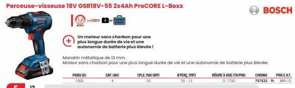 CORE  POIDS (6)  1000  Un moteur sans charbon pour une autonomie de batterie plus élevée !  (+) plus longue durée de vie et une  CAP. (AH)  B PERC. (MM)  35-13  Mandrin métallique de 13 mm.  Moteur sa