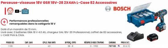 POIDS (G) 1100  Performances professionnelles  remarquables dans la catégorie 18 V  CAP.(AH)  CPLE. MAX (NM) 63  PERÇ (MM)  38-8  Doté d'un mandrin de 13 mm.  Livré avec 2 batteries GBA 18 V 4.0 Ah, c