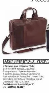 cartables et sacoches oregon  • cartables pour ordinateur 15,6-en simli cuir et polyester, 2 soutlets 2 compartiments, 3 poches intérieures.  1 pochette moussée spéciale ordinateur  1 poche extérieure