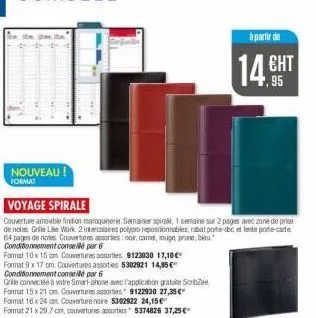 nouveau !  format  voyage spirale  couverture amouble finition maroquinerie. semainier spirale, 1 semaine sur 2 pages avec zone de prise de note: grille like work 2 intercalaires polypro repositionnab