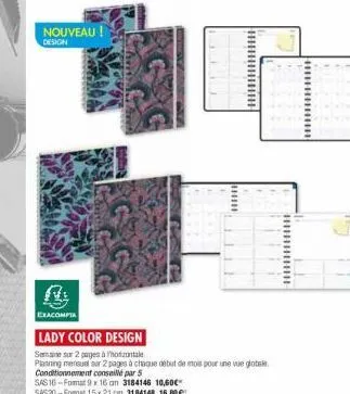 nouveau !  design  exacompta  berisha  lady color design  semaine sur 2 pages à horizontale  planning mensuel sur 2 pages à chaque début de mois pour une vue globale.  conditionnement conseillé par 5 