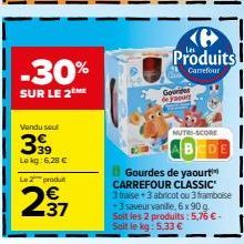 -30%  SUR LE 2  Vendu soul  399  Lokg: 6,28 €  Le 2 produ  2⁹7  37  Produits  Carrefour  NUTRI-SCORE  Gourdes de yaourt CARREFOUR CLASSIC  3 fraise+3 abricot ou 3 framboise +3 saveur vanille, 6 x 90 g