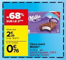 -68%  SUR LE 2EME  Vendu sou  29  Lokg: 18,67 €  Le 2 produ  0%  Milka  Choco snack MILKAM 4x32 g  Soit les 2 produits: 3,15 €-Soit le kg: 12,30 € 