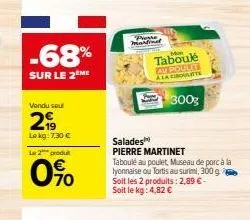-68%  sur le 2eme  vendu seu  2999  lokg: 7,30 €  le 2 produ  0%  presse  taboulé au poulit a la ciboulette  300g  salades  pierre martinet  taboulé au poulet, museau de porc à la lyonnaise ou tortis 