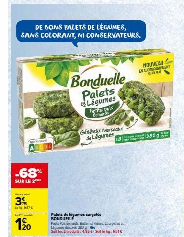 DE BONS PALETS DE LÉGUMES, SANS COLORANT, NI CONSERVATEURS.  NUT-SCORE  ABCDE  -68%  SUR LE 2 ME  Vendu se  375  Lekg: 9,87 €  Le 2 produt  1⁹0  Bonduelle  Palets De Légumes Petits pois Epinards  Géné