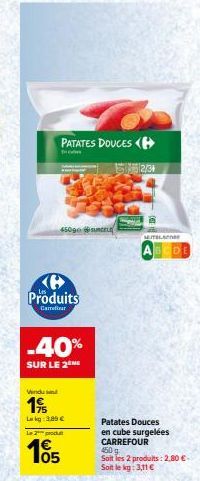 PATATES DOUCES  bron  45090 suncru  Produits  Carrefour  -40%  SUR LE 2 ME  Vindus  195  Luk 3.89 € Le 2 produt  105  23  a  MUTLA  Patates Douces en cube surgelées  CARREFOUR  450 g Soit les 2 produi