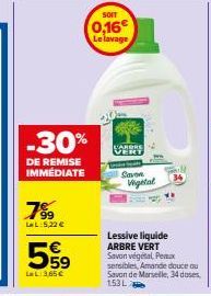 -30%  DE REMISE IMMÉDIATE  7%9  LL:5,22 €  599⁹9  LL:3.65€  SOIT  0,16€  Le lavage  SORPAS VERT  Save Wigital  Lessive liquide ARBRE VERT Savon végétal, Peux  sensibles, Amande douce ou Savon de Marse