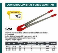 EHT  73.75  Code  KHI CHÍN  2041958 -24 150 2 30415-190 1  COUPE BOULON BRAS FORGE SAMTITAN  SAM  Befors pour une résistance parfaite aux conditions extémes descr po  reagerade de cartement de la vend