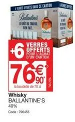 40%  code: 796455  serts dans ce carton  contine  gra befat  verres offerts pour l'achat d'un carton  +6 76%  €  90  la bouteille de 70 d  whisky ballantine's  refer 