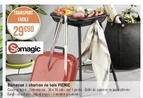 transport facile  29 €90  somagic  barbecue à charbon de bois picnic  cu acier-imensions: 36 x 36 cm-sar 4 pieds-grille de cuisson in aciar chrom este en coloris gris et roure – à monter soi-meme 