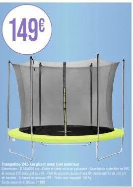149€  trampoline 245 cm pliant avec filet extérieur dimens20200cm-cadre et pieds en acier gaivane-caussi de pe mousse lpe résistanta uv-filet de sécurité résistant aux in ima de hauteur-ghares mousse 