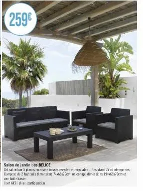 salon de jardin bas belice  set salon bas 5 places en resine tresses recyclee et recyclable-resistant uv et intemperies compose de 2 fauteuils dimensions 74x66x79cm, un canape dimensions 190x66x79cm u