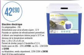 42€90  Glacière électrique En polypropylene-24L Alimentation pour prise allume-cigare: 12 V Possède un système de refroidissement permettant d'obtenir une température inteme jusqu'à 15°C en  dessous d