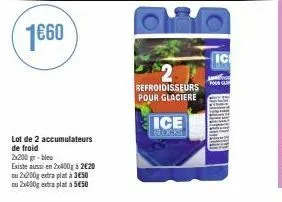 1€60  lot de 2 accumulateurs de froid  2x200 gr-bleu  existe aussi en 2x400g à 2€20  ou 2x200g extra plat à 3€50  ou 2x400g extra plat à 5€50  refroidisseurs pour glaciere  ice  blocks 