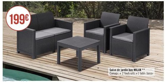 199€  Salon de jardin bas MILAN ** Canape + 2 fauteuils +1 table basse. 