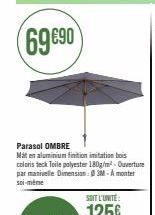 Parasol OMBRE Mat en aluminium finition imitation bois coloris teck Toile polyester 180g/m²- Ouverture par manivelle Dimension: 3M-A monter soi-même 