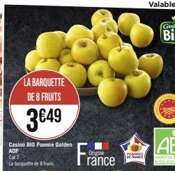 LA BARQUETTE DE 8 FRUITS  3€49  Casino BIO Pomme Golden ADP  Cat 2  La banquette de fruits  France  POMMES DE FRANCE 