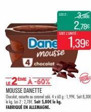 SOIT L'UNITÉ  Dane 1,39€  mousse  4 chocolat  LE 2ÈME À -60%  MOUSSE DANETTE  Chocolat, noisette ou caramel sale 4 x 60 g: 1,99€. Soit 8,30€ le kg. las 2: 2,78€. Soit 5,80€ le kg. FABRIQUÉ EN ALLEMAGN