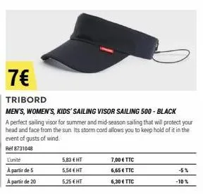 7€  tribord  men's, women's, kids' sailing visor sailing 500 - black  a perfect sailing visor for summer and mid-season sailing that will protect your head and face from the sun. its storm cord allows