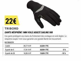 L'unité  A partir de 5  À partir de 20  22€  TRIBORD  GANTS NÉOPRÈNE 1MM VOILE ADULTE SAILING 900  Ces gants protègent vos mains du frottement des cordages en voile légère. Le néoprène souple 1mm vous