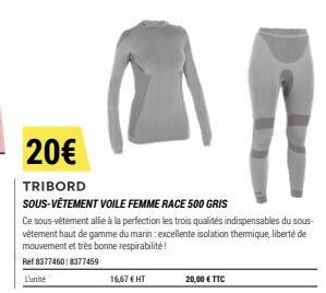 16,67 € HT  20€  TRIBORD  SOUS-VÊTEMENT VOILE FEMME RACE 500 GRIS  Ce sous-vêtement allie à la perfection les trois qualités indispensables du sous-vêtement haut de gamme du marin: excellente isolatio