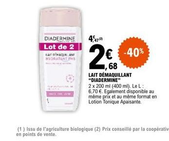 DIADERMINE  Lot de 2  LAITOHACUN ANT HYDRATANT PHS  4,4712  € -40% 68  LAIT DÉMAQUILLANT "DIADERMINE"  2 x 200 ml (400 ml). Le L: 6,70 €. Egalement disponible au même prix et au même format en Lotion 