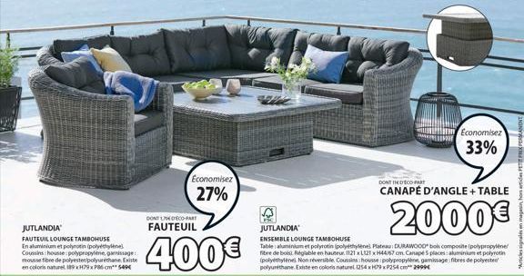 JUTLANDIA  FAUTEUILLOUNGE TAMBOHUSE En aluminium et polyrotin (poly Coussins: housse polypropylene, garnissage: mousse fibre de polyesten/polyuréthane Existe en coloris naturel 189 xH79x86 cm 5494  Ec