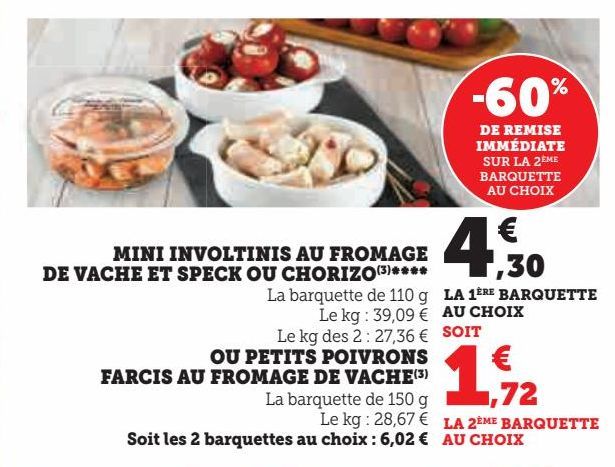 Mini involtinis au fromage de vache et speck ou chorizo ou petits poivrons farcis au fromage de vache