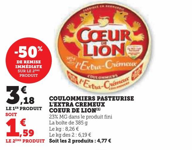 COULOMMIERS PASTEURISE L'EXTRA CREMEUX COEUR DE LION