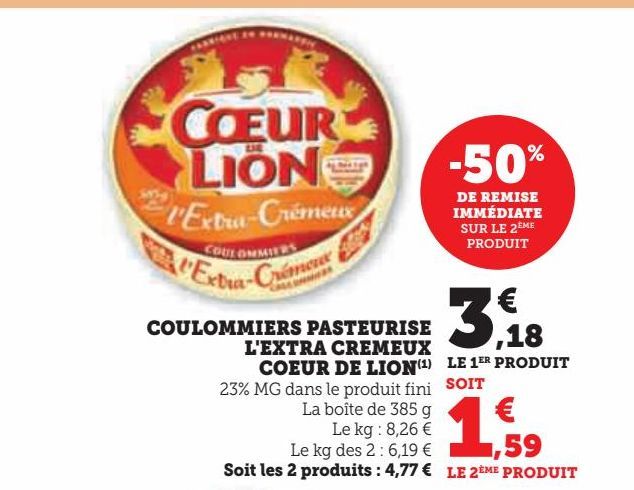 COULOMMIERS PASTEURISE  L'EXTRA CREMEUX  COEUR DE LION