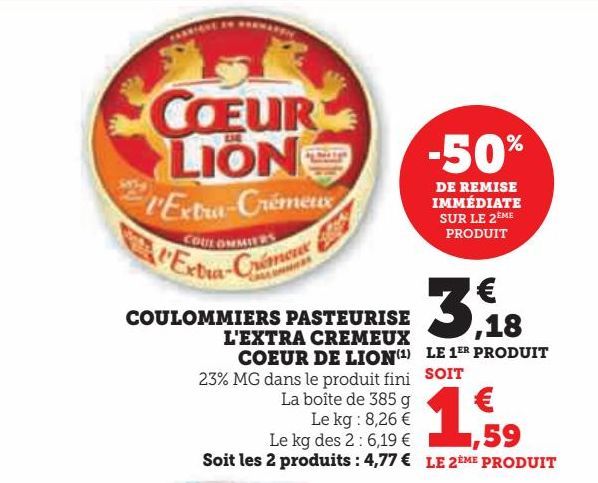 COULOMMIERS PASTEURISE L'EXTRA CREMEUX COEUR DE LION