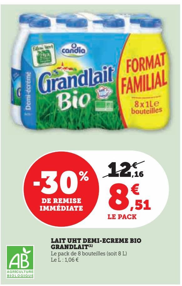 LAIT UHT DEMI-ECREME BIO GRANDLAIT