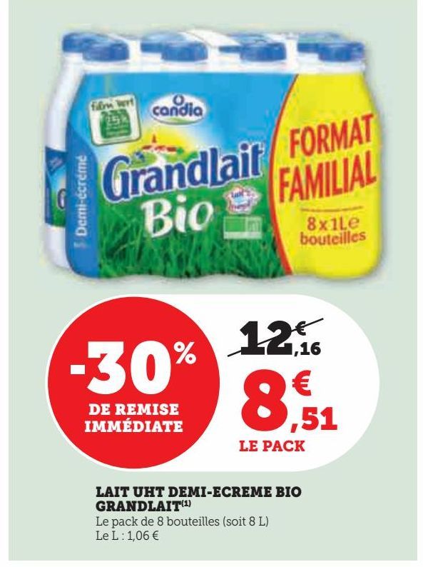 LAIT UHT DEMI-ECREME BIO GRANDLAIT