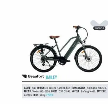 beaufort bailey  cadre: alu. fourche: fourche suspendue. transmission: shimano altus 8. freins: tektro hd-e350. roues: cst c1996. moteur: bafang m420. batterie: 468wh. poids: 28kg, 2799 €  bafang 