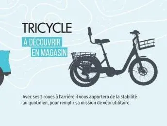 tricycle  à découvrir  en magasin  avec ses 2 roues à l'arrière il vous apportera de la stabilité au quotidien, pour remplir sa mission de vélo utilitaire. 
