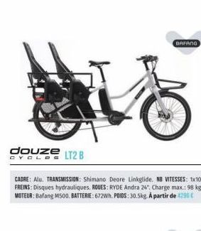 douze CYCLOS LT2 B  CADRE: Alu. TRANSMISSION: Shimano Deore Linkglide. NB VITESSES: 1x10. FREINS: Disques hydrauliques. ROUES: RYDE Andra 24", Charge max.: 98 kg. MOTEUR: Bafang M500. BATTERIE: 672Wh 