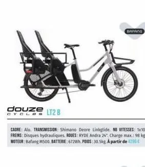 douze cyclos lt2 b  cadre: alu. transmission: shimano deore linkglide. nb vitesses: 1x10. freins: disques hydrauliques. roues: ryde andra 24", charge max.: 98 kg. moteur: bafang m500. batterie: 672wh 