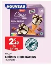 nouveau  249  cn 14.00 cle  rhum raisins  cones  mucci  6 cônes rhum raisins  pr. 5012818 