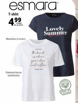 esmara  T-shirt  4.99  au choix  Manches à revers  Emmanchures tombantes  Lovely Summer  Com  the beach ywhere.  and restore  100% COTON  
