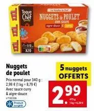 idea  toque  chef nuggets & poulet  x20  produt surgel  nuggets de poulet  prix normal pour 340 g: 2,99 € (1 kg = 8,79 €) avec sauce curry & aigre-douce  10  evc sacs  tigte louce &  99  2.9  5 nugget