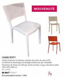 chaise spoty  chaise dur injectie avec re do pp anchnologie de mouage assse par gaz. empilable  protection un 2,80 kgs. existe en blanc, rouge, chocolate ls4 xh78xp45cm jomet  66.66 €9.99  eco-partici
