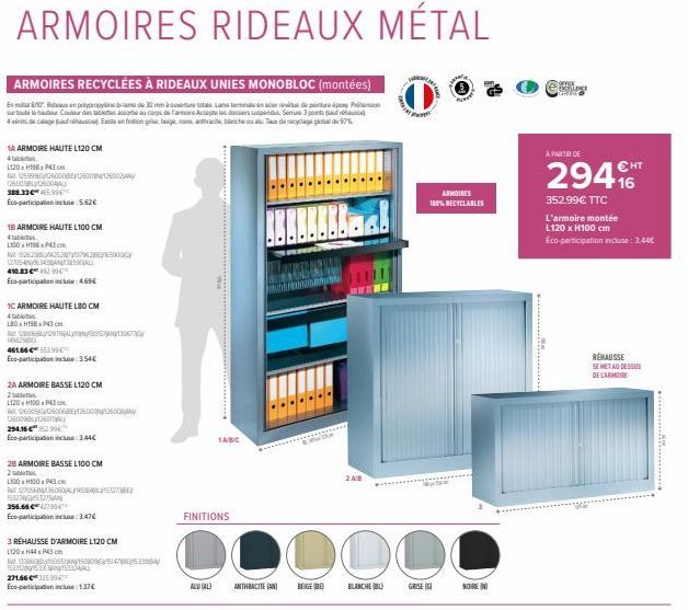 ARMOIRES RIDEAUX MÉTAL  ARMOIRES RECYCLÉES À RIDEAUX UNIES MONOBLOC (montées)  sur  Ex10x polypropylène lame de 30 mm à ouverture totale Lame terminale en acier reviso de peinture pony Presion des tat