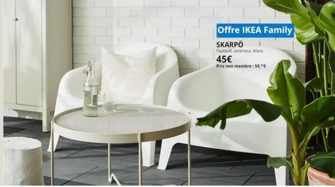offre ikea family  skarpö  fauteuil, extérieur, blanc  45€  prix non membre: 59,"c 