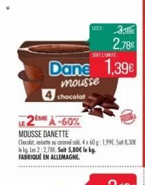 SONT L'UNITÉ  Dane 1,39€  mousse  chocolat  2ÈME À-60%  US2: 3,98€ 2,78€  MOUSSE DANETTE  Chocolat, noisette ou caramel sol. 4 x 60g: 1,99€. Soit 8,30€ le kg. Les 2: 2,78€. Soit 5,80€ le kg. FABRIQUÉ 