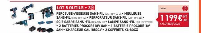 LOT 5 OUTILS + 30  PERCEUSE-VISSEUSE SANS-FIL (GSR 18V-60 C) + MEULEUSE SANS-FIL (GWS 18V-10)+ PERFORATEUR SANS-FIL (GBH 18V-26) + SCIE SABRE SANS-FIL (GSA 18V-LI) + LAMPE SANS-FIL (GLI 18V-2200C) + 2