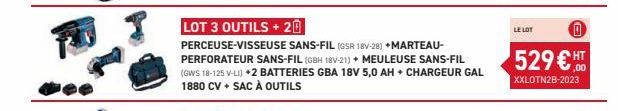 LOT 3 OUTILS + 20  PERCEUSE-VISSEUSE SANS-FIL (GSR 18V-28) +MARTEAU-PERFORATEUR SANS-FIL (GBH 18V-21) + MEULEUSE SANS-FIL (GWS 18-125 V-LI) +2 BATTERIES GBA 18V 5,0 AH CHARGEUR GAL 1880 CV + SAC À OUT