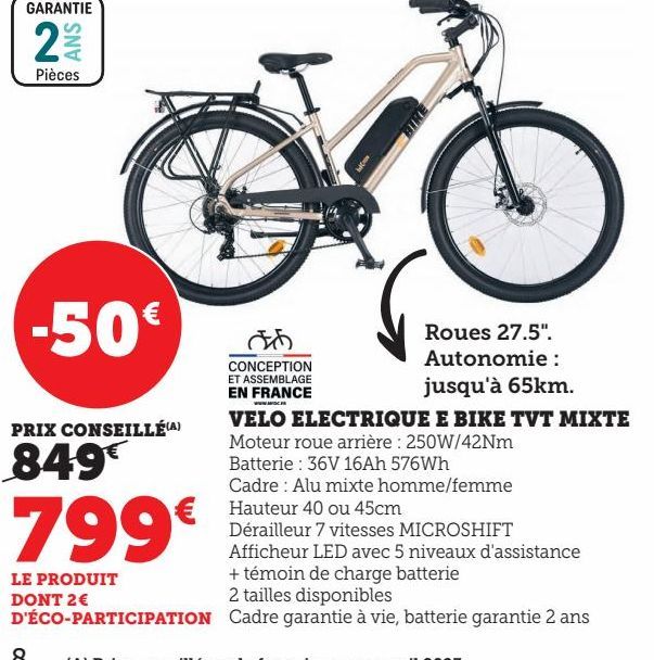 VELO ELECTRIQUE E BIKE TVT MIXTE